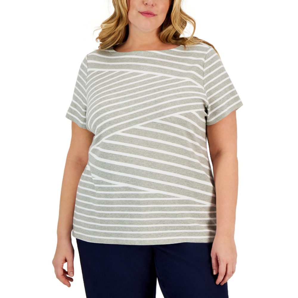 Karen Scott Women's Plus Size 2X Grey & White Asymmetric Striped Top NWT
